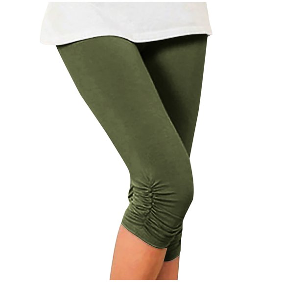 Stretch Soft High Waisted Capri Jeggings Womens Side Ruched/Lace Summer Beach Casual Short Leggings Plus Size (XX-Large, Army Green)