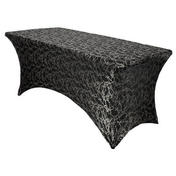 Stretch Spandex 6 ft Rectangular Black Table Cover With Silver Marbling