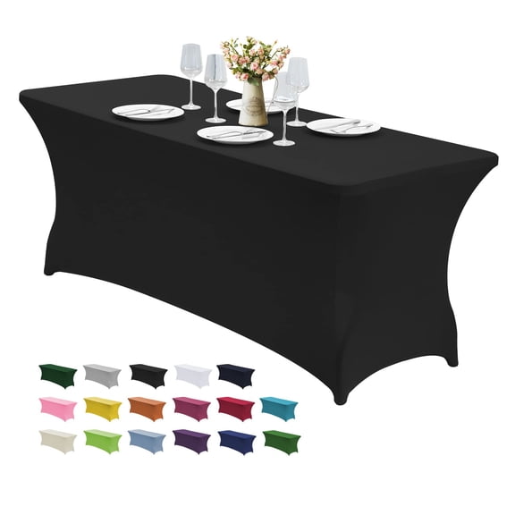 Stretch Spandex Table Cover 6FT, Waterproof Elastic Fitted Tablecloth for Rectangular Tables, Wrinkle Resistant, Perfect for Parties, Weddings, Banquets, Events, Birthday, Anniversary, BBQ, Black