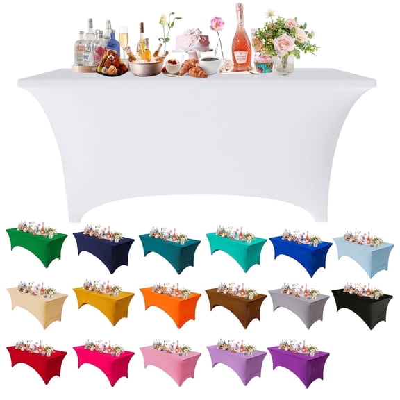 Stretch Spandex Tablecloth 2-Pack - 6ft Rectangular Fitted Table Cover for Standard Folding Tables, Universal Fit White Tablecloth for Wedding, Trade Show, Vendor Stand