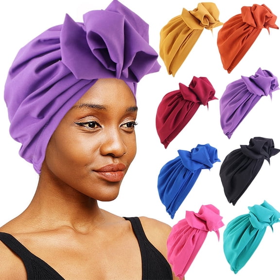 Stretch Turban Hats African Double Layered Headwraps Soft Pre-Tied Bonnet Hair Wrap Ruffles Turbans for Black Women