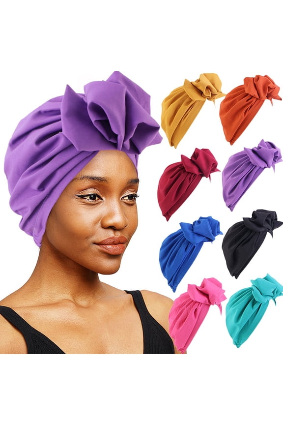 Stretch Turban Hats African Double Layered Headwraps Soft Pre-Tied Bonnet Hair Wrap Ruffles Turbans for Black Women