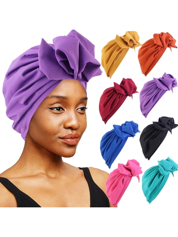 Stretch Turban Hats African Double Layered Headwraps Soft Pre-Tied Bonnet Hair Wrap Ruffles Turbans for Black Women
