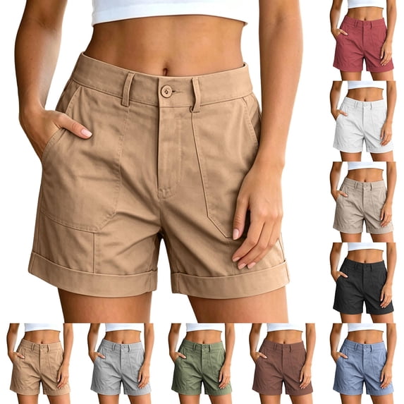 Stretch Twill Cargo Shorts for Women High Waist Cuffed Hem Loose Fit Casual Shorts with Pockets Daily Summer Outdoor Hiking Shorts White