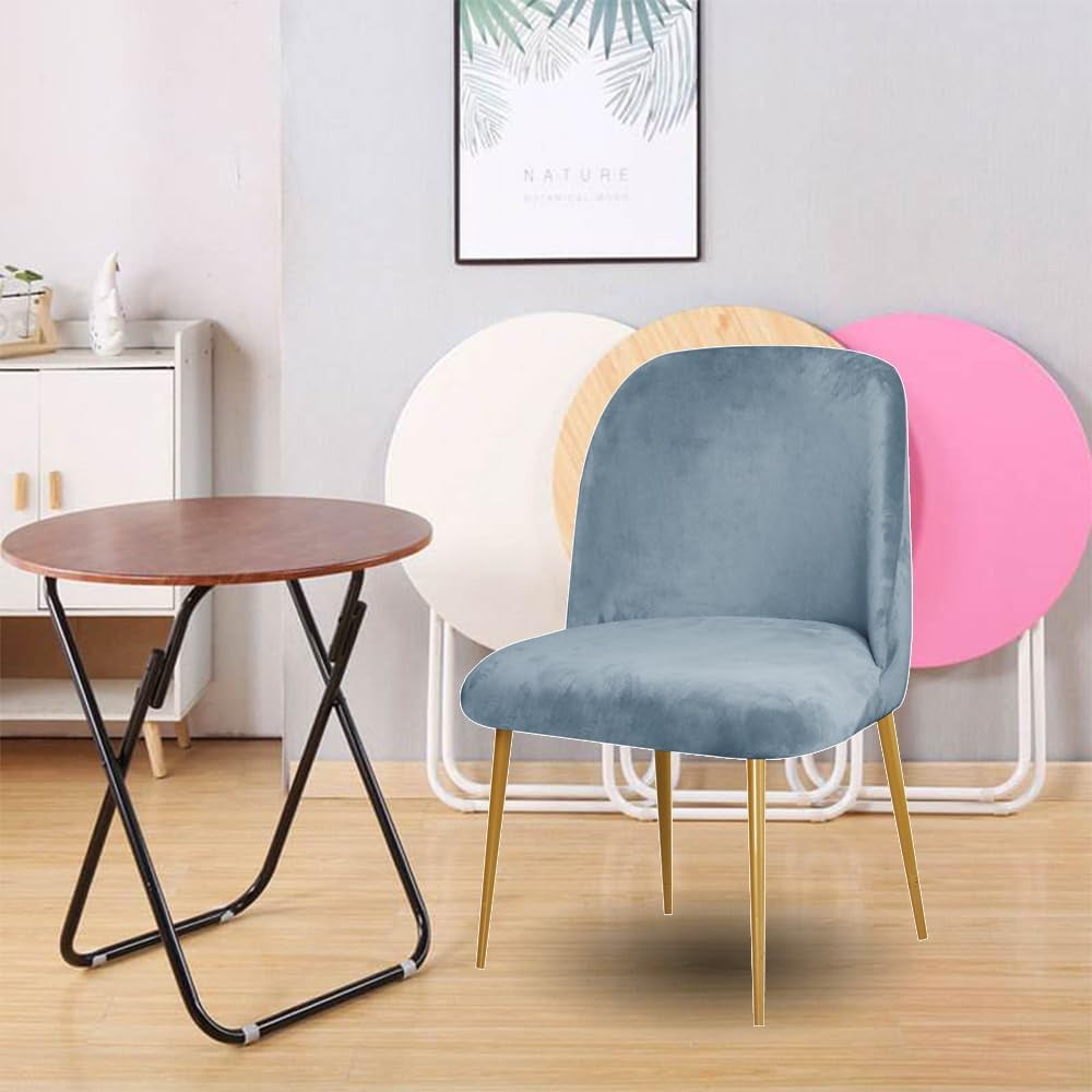 Stretch Velvet Grey Blue Dining Chair Covers Set 1 Curved Short Back