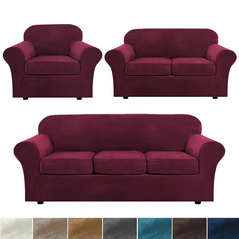 Stretch Velvet Plush Sofa Covers Couch Armhair Slipcover Protector with Cushion Covers, Burgundy, For 3-Seater Sofa