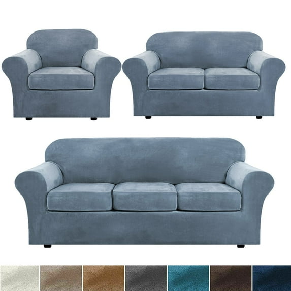Stretch Velvet Plush Sofa Covers Couch Armchair Slipcover Protector with Cushion Covers, Grey Blue, For Armchair