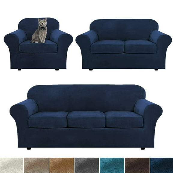 Stretch Velvet Plush Sofa Covers Couch Armchair Slipcover Protector with Cushion Covers, Navy Blue, For 3-Seater Sofa