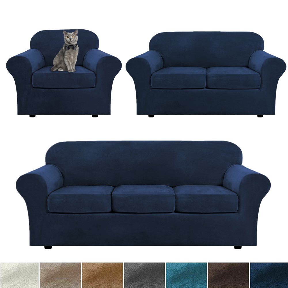 SHANNA Stretch Velvet Plush 3 Seater Sofa Slipcover Navy Blue With 