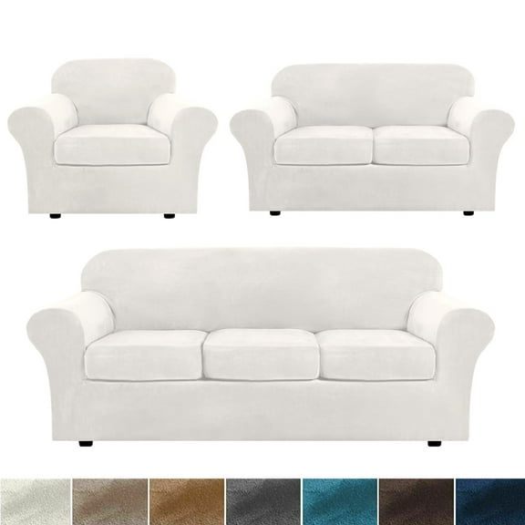 Stretch Velvet Plush Sofa Covers Couch Armchair Slipcover Protector with Cushion Covers, White, For 3-Seater Sofa
