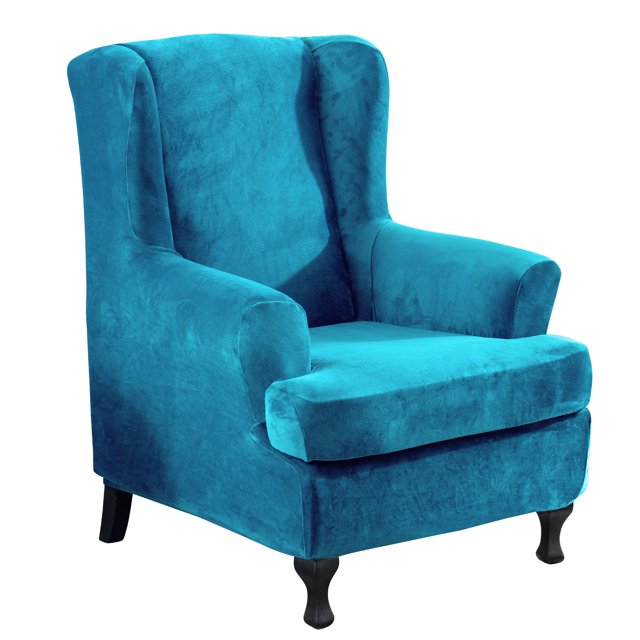 Stretch Velvet Plush Wing Chair Cover, 2Piece Wingback Chair Slipcover