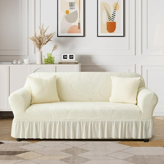 Stretch Velvet Sofa Slipcover, Cushion Couch Cover with Skirt, Pet Friendly Durable Washable Stretchable, Easy Fit Universal Furniture Protector, (57"-73",Beige)