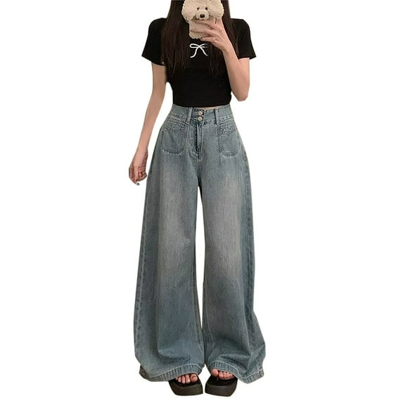 Stretch Waist Jeans for Women, Comdrip Women's Straight Wide Leg Jeans High Waisted Stretchy Casual Wide Leg Loose Pants High Waist Wide Leg Pants for Women Light Blue L