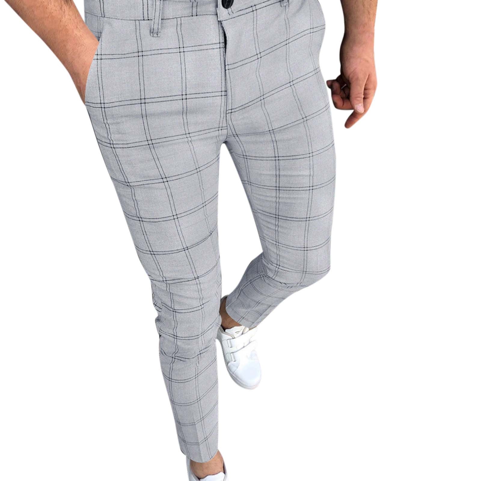 Stretch Waist Pants Big Men Slim Fit Plaid Print Zipper Casual Fashion ...