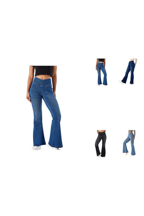 Stretch Wide Leg Bell Bottom Jeans for Women Trendy Flare Jeggings with 4 Pockets, Y2K -Lifting Comfortable Trousers