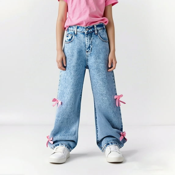 Stretch Wide Leg Jeans for Girls Comfort Elastic Waist Bow Pants 5-14