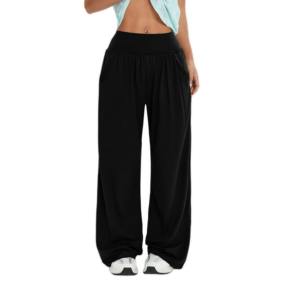 Stretch Wide Leg Pants for Women Seamless High Waisted Baggy Sweatpants Solid Color Elastic Waist Loose Casual Pants with Pockets