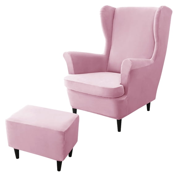 Stretch Wing Chair Cover Bundles Ottoman Slipcovers, Velvet Wingback Chair Cover And Rectangle Ottoman Cover For Living Room, Washable-Pink-Set Of 2
