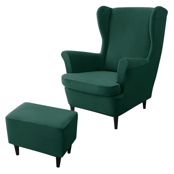 Stretch Wing Chair Cover Bundles Ottoman Slipcovers, Velvet Wingback Chair Cover And Rectangle Ottoman Cover For Living Room, Washable-Dark Green-Set Of 2