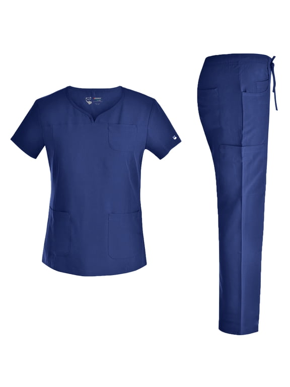 Stretch Women Nursing Scrubs Set - Pandamed Curved Notch Neck Doctor Slim Scrubs Medical Uniforms Top and Pants JYC302 NAVY XS