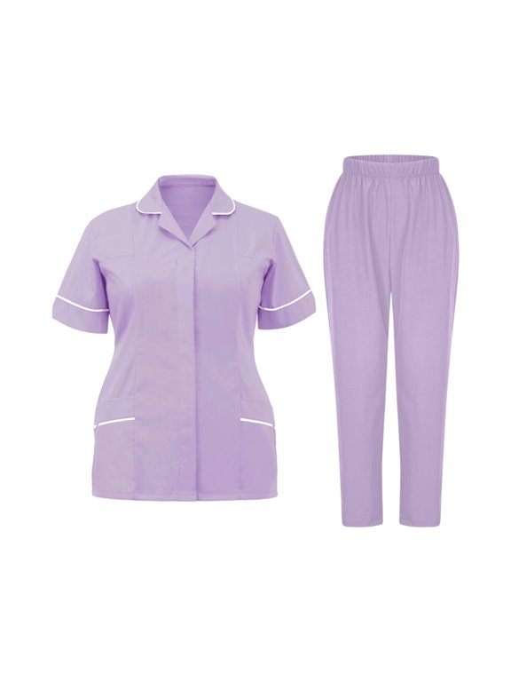 Stretch Workwear Uniform Casual Comfy 2 Piece Nurse Working Uniforms Lightweight Surgical Uniforms Scrub Tops and Pants Purple XL