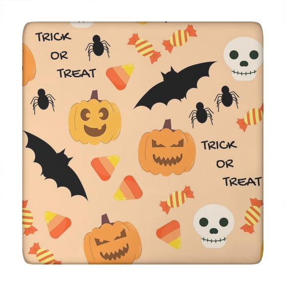 Stretch-fit Halloween tablecloth with elastic border, specifically made for 34x34 inch square tables, features classic spooky ghost and pumpkin designs