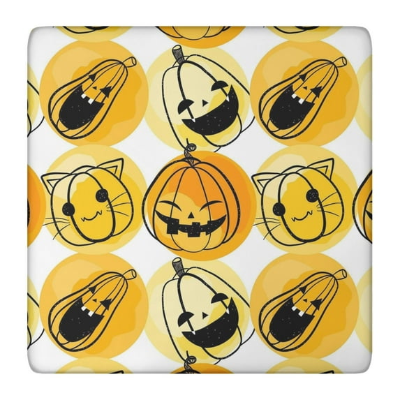 Stretch-fit Halloween tablecloth with elastic border, specifically made for 36x36 inch square tables, features classic spooky ghost and pumpkin designs
