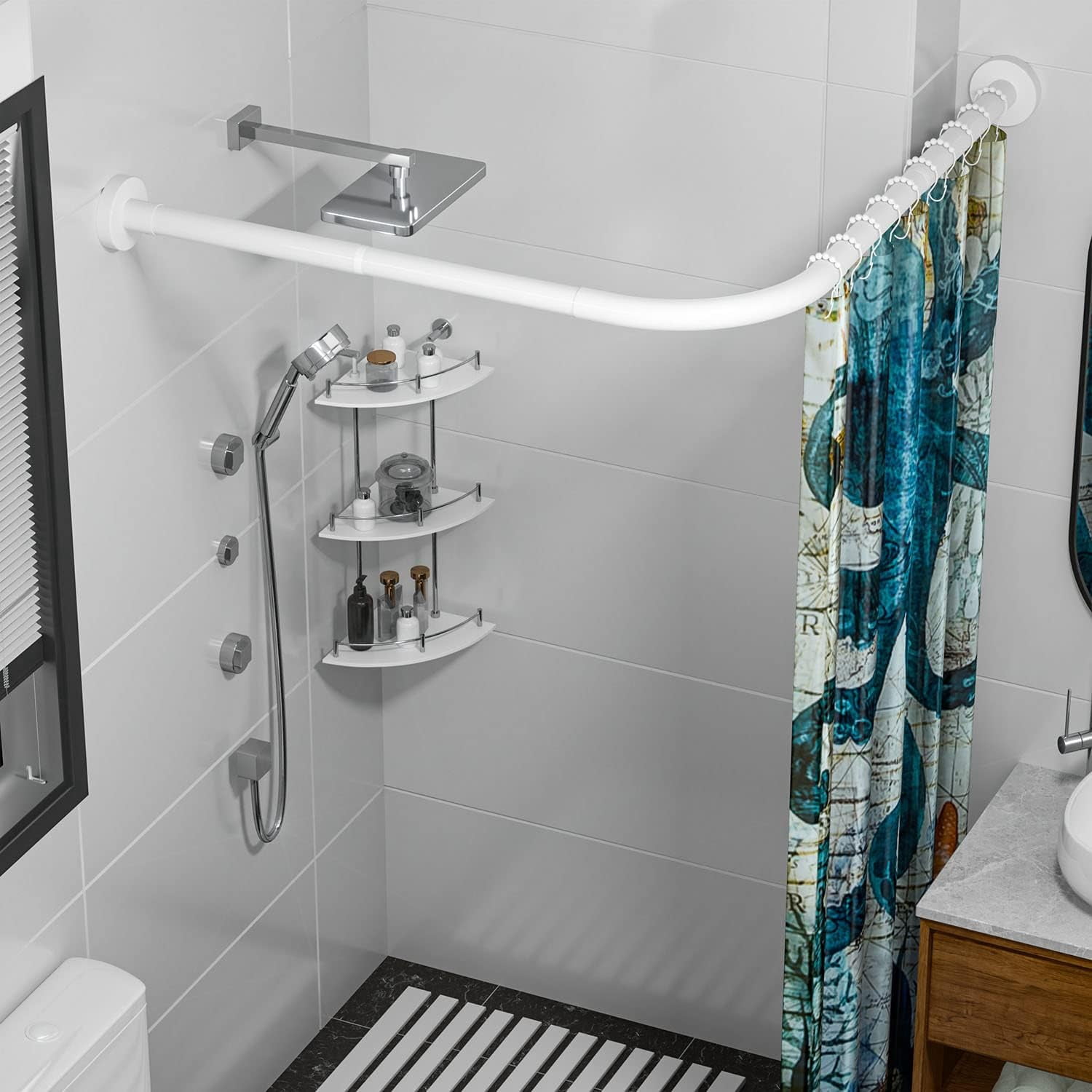 Corner Rod Rack Stretchable 304 Stainless L Shaped Bathroom Bathtub Corner Shower ...