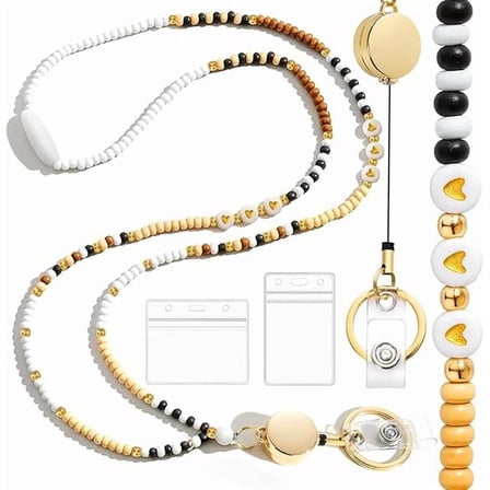 Stretchable Beaded Lanyard with Quick Release Clasp, 2 ID Badge Holders, Brown Bead Necklace for ID Cards, Keys, Women's Accessory