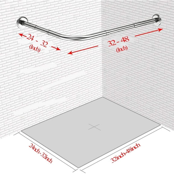Stretchable Corner Shower Curtain Rod - Drill Free Install 304 Stainless L Shaped 24-32" x 32-48",for Bathroom, Clothing Store(Free Curtain Hook)