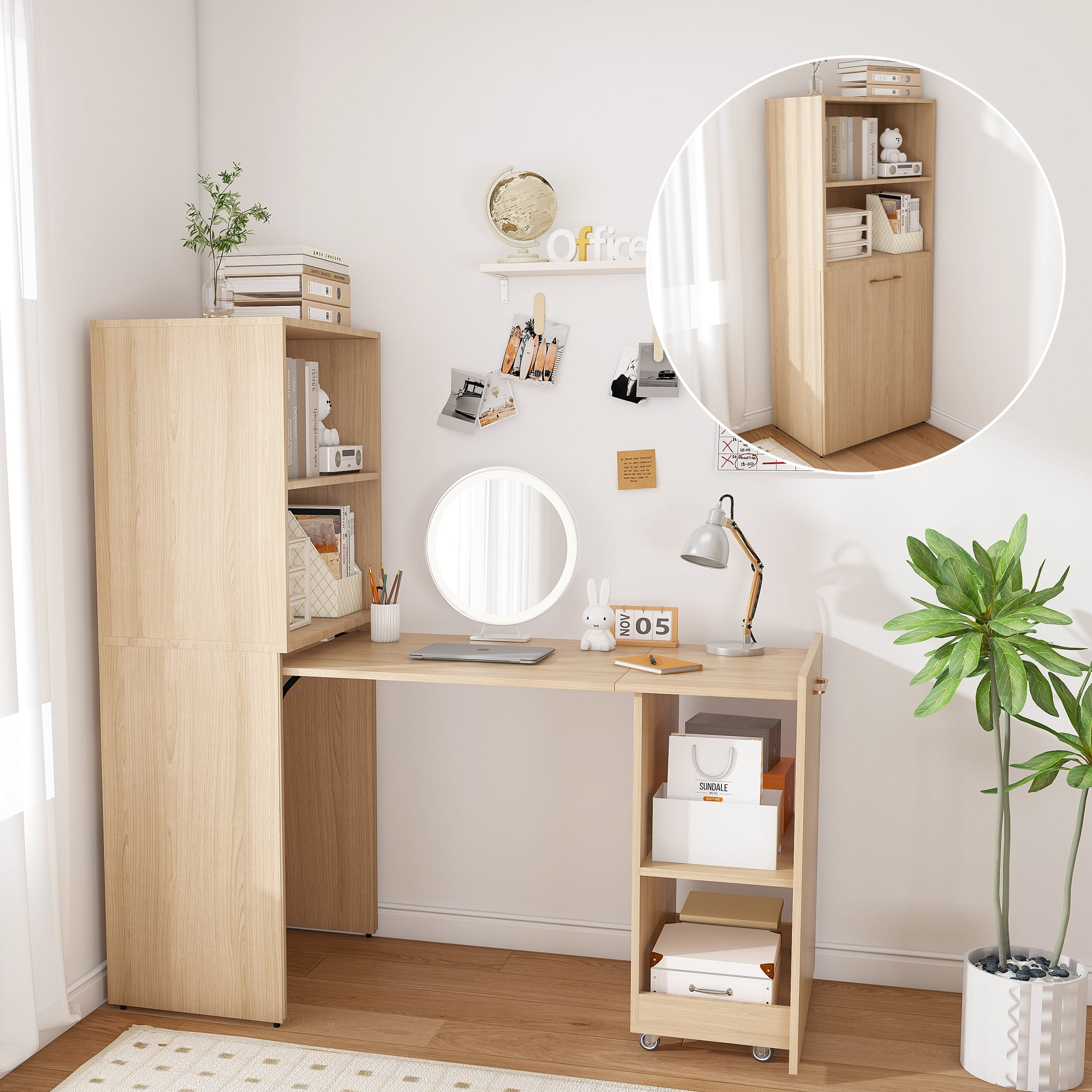 Stretchable Desk, Office Desk With Storage Shelves And Mobile Wheels, Foldable Desk Suitable For Small Apartments And Offices
