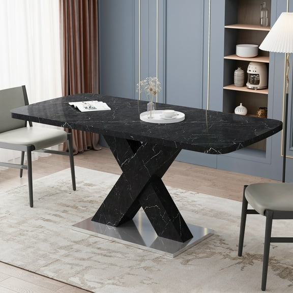 Stretchable Dining Table, Modern Square Dining Table, Black Marble Table Top+MDF X-Shape Table Leg with Metal Base