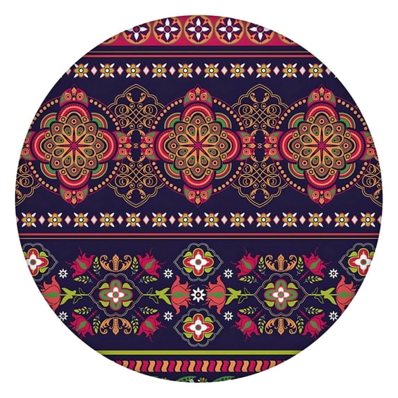 Stretchable Floral Bohemian Tablecloth with Elastic Edge - Colorful Round Table Cover for Indoor Outdoor - Fits 52-56 Inch