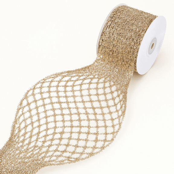 Stretchable Glitter Metallic Mesh Ribbon Wired Web Ribbon Wide 2.5" to 7" for Christmas Tree, Wreaths, Home Decor, Gift Wrapping, DIY Crafts, 2.5 x 5Yards x 1 Rolls (Gold)