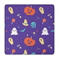 thumbnail image 1 of Stretchable Halloween table protector with elasticized edge, perfect for 34x34 inch square tables, features classic pumpkin and ghost themed patterns, 1 of 6