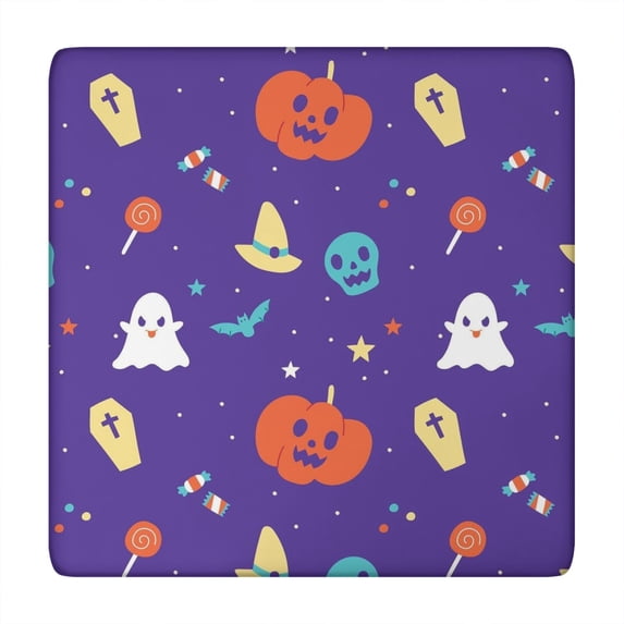 Stretchable Halloween table protector with elasticized edge, perfect for 34x34 inch square tables, features classic pumpkin and ghost themed patterns