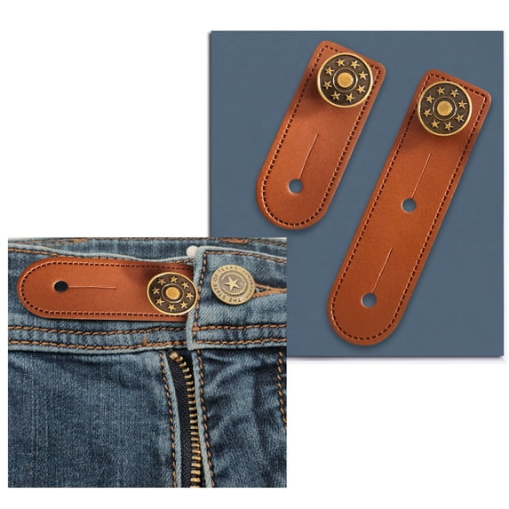 Stretchable Jeans Waist Extender Set - 2 Detachable Button Expanders (9cm & 6cm) - Adjustable Herringbone Buckle for Jeans & Casual Pants - Faux Leather Comfort Solution