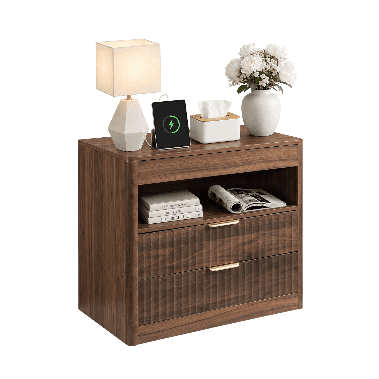 Stretchable Nightstand with Hidden Outlet 15.7x15.7x23.6 Inch Double Drawers for Bedroom Living Room