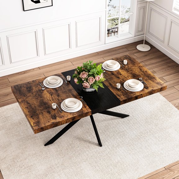 Stretchable Rectangular Dining Table, Antique Wood And Black Relief Plate Finish, Metal Base, 165lbs Capacity, Seats 6, Brown Stretch Iron Foot Storage, Made Of Metal, Up To Load