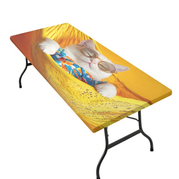 Stretchable Rectangular Tablecloth for 2.5ft x 6ft Folding Table Machine Washable Table Cover for Party Picnic A Playful White Cat