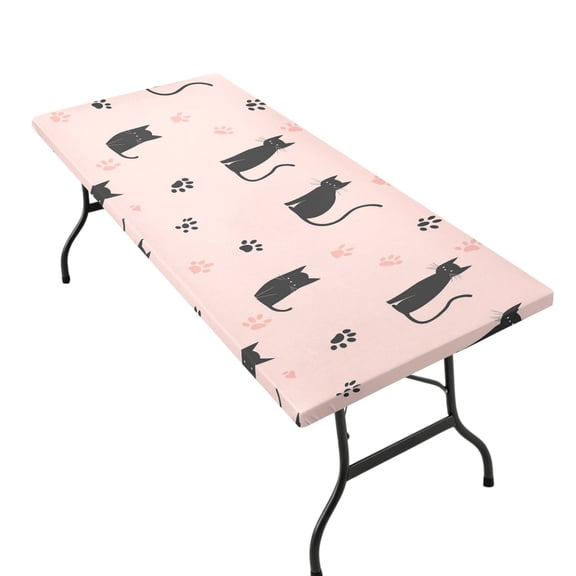 Stretchable Rectangular Tablecloth for 2.5ft x 6ft Folding Table Machine Washable Table Cover for Party Picnic Black Cat and Cat's Paw