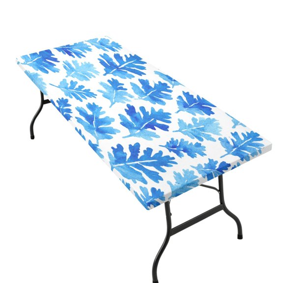 Stretchable Rectangular Tablecloth for 2.5ft x 6ft Folding Table Machine Washable Table Cover for Party Picnic Blue Oak Leaf Pattern