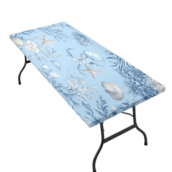 Stretchable Rectangular Tablecloth for 2.5ft x 6ft Folding Table Machine Washable Table Cover for Party Picnic Blue Oceanic Scene