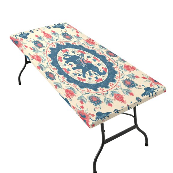 Stretchable Rectangular Tablecloth for 2.5ft x 6ft Folding Table Machine Washable Table Cover for Party Picnic Blue and Red Tibetan Pattern