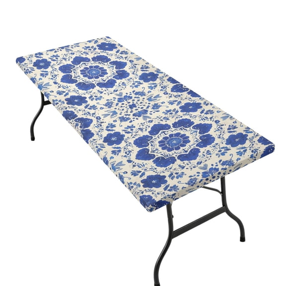 Stretchable Rectangular Tablecloth for 2.5ft x 6ft Folding Table Machine Washable Table Cover for Party Picnic Blue and White Batik Pattern