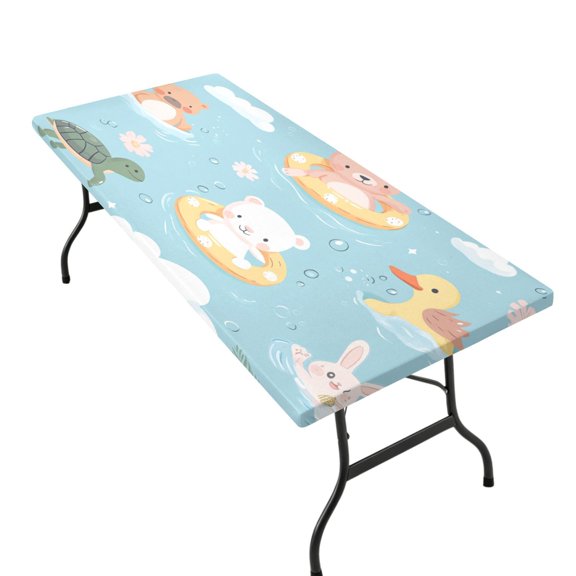 Stretchable Rectangular Tablecloth for 2.5ft x 6ft Folding Table Machine Washable Table Cover for Party Picnic Cute Summer Animals Pattern
