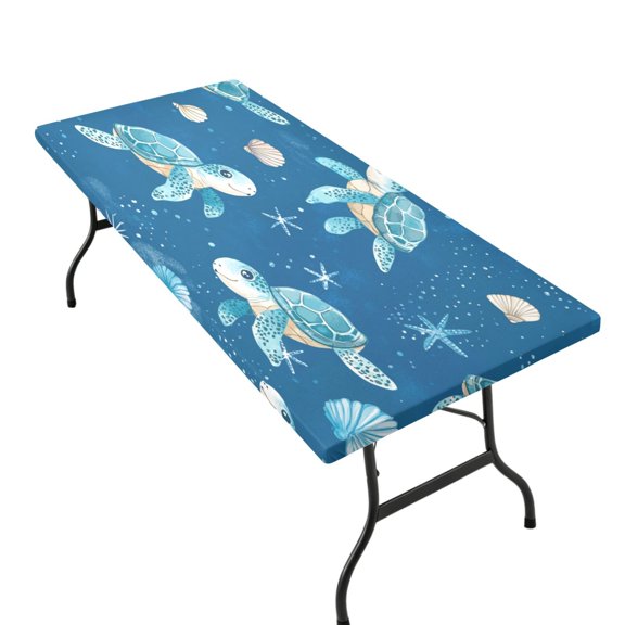 Stretchable Rectangular Tablecloth for 2.5ft x 6ft Folding Table Machine Washable Table Cover for Party Picnic Cute Turtles Pattern