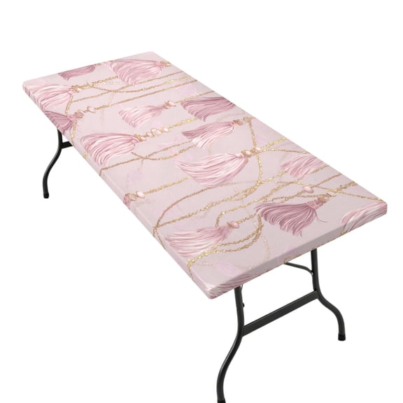 Stretchable Rectangular Tablecloth for 2.5ft x 6ft Folding Table Machine Washable Table Cover for Party Picnic Light Pink Tassels