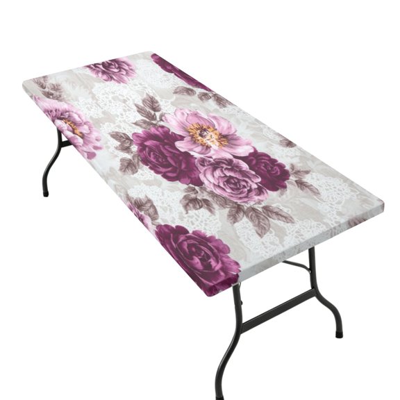 Stretchable Rectangular Tablecloth for 2.5ft x 6ft Folding Table Machine Washable Table Cover for Party Picnic Magenta Roses