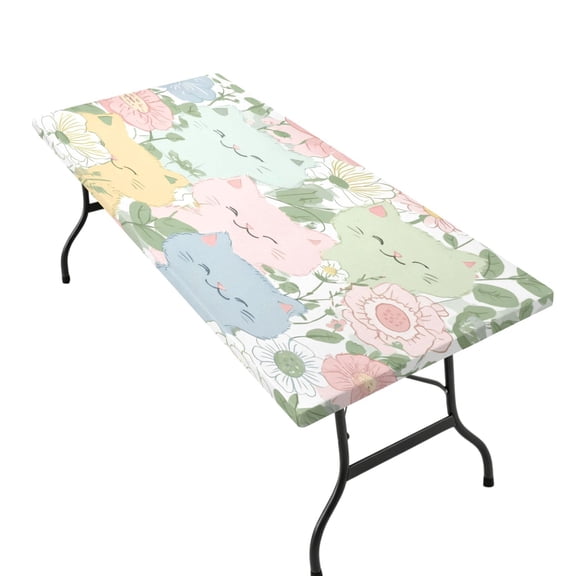 Stretchable Rectangular Tablecloth for 2.5ft x 6ft Folding Table Machine Washable Table Cover for Party Picnic Pastel-colored Cats and Flowers